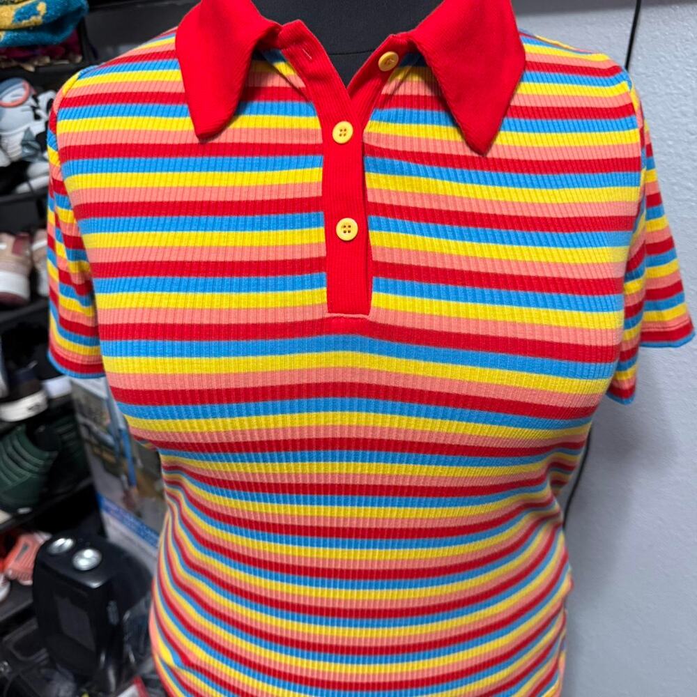 SHEIN Curve Plus Multicolor Striped Polo Shirt Red Collar XL